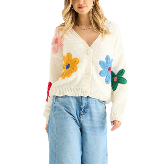 Damen Cardigan mit dreidimensionalen Blumenapplikationen und V-Ausschnitt EB