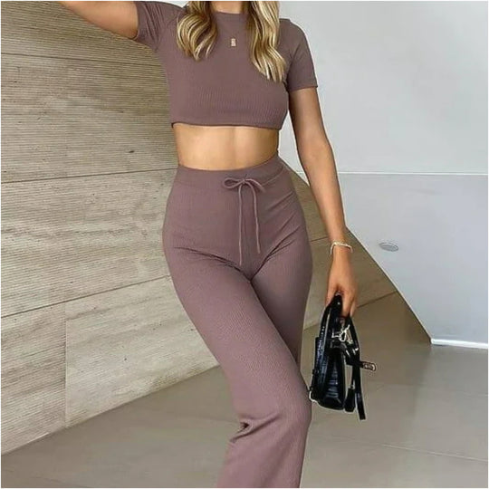 Damen Geripptes Crop-Set aus Stretch‑Jersey mit taillenhoher Kordel-Hose EB