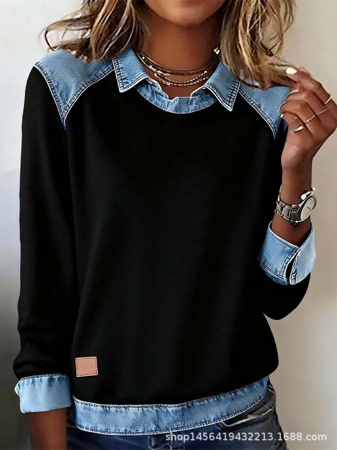Damen nan gerippter Strickpullover mit Jeanskragen und Knopfleiste EB