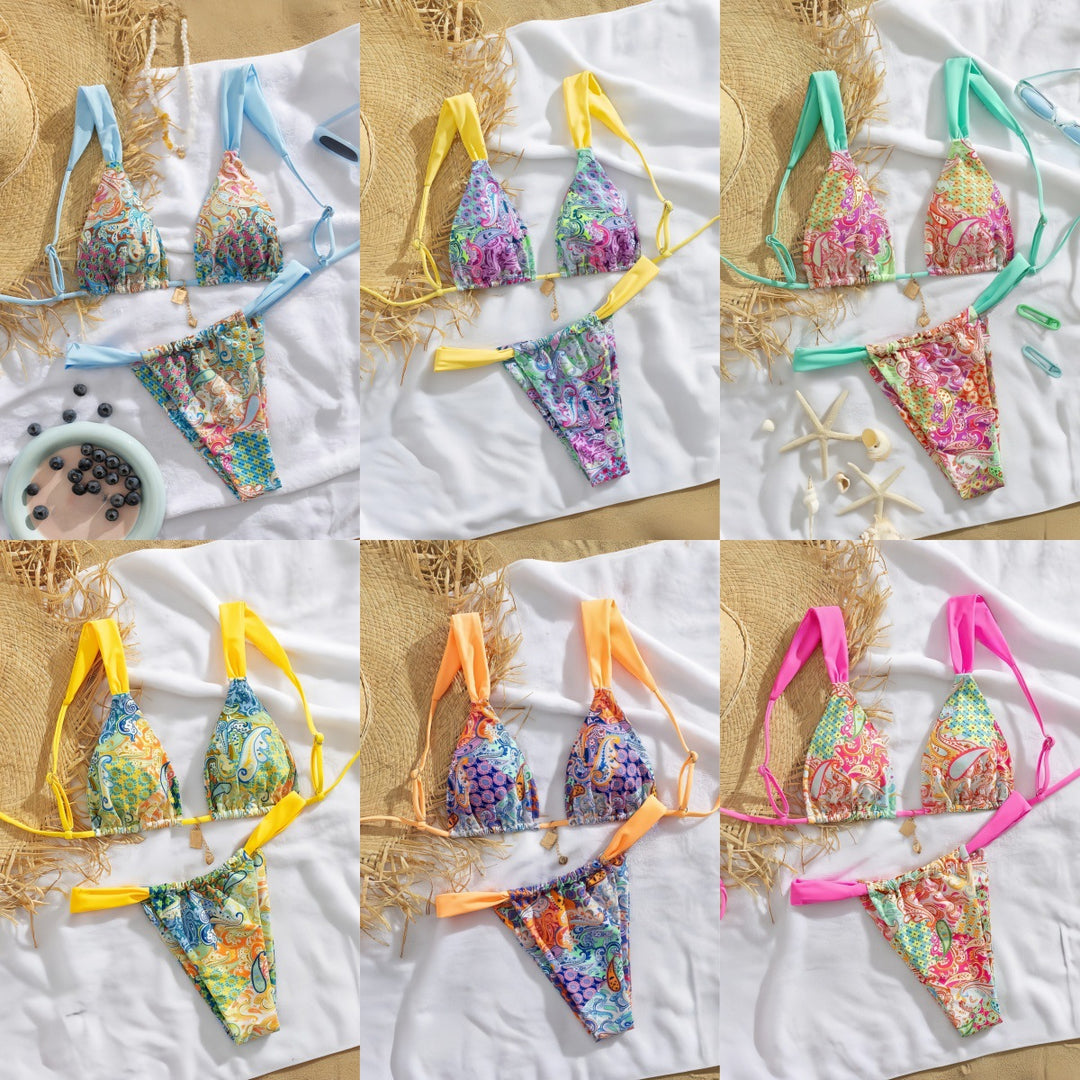 Damen Triangel-Bikini mit buntem Paisleymuster und verstellbaren Trägern EB