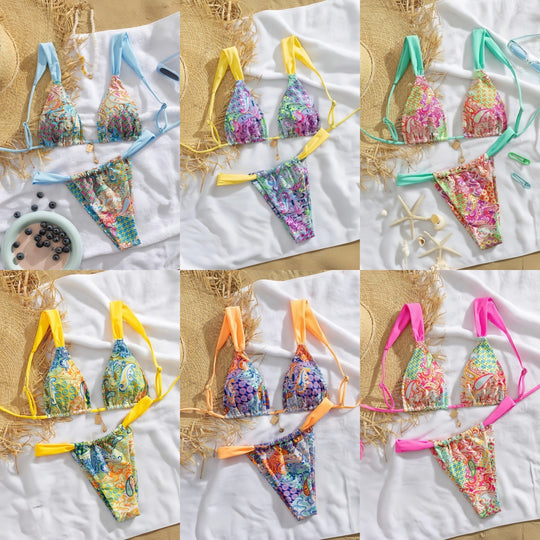 Damen Triangel-Bikini mit buntem Paisleymuster und verstellbaren Trägern EB