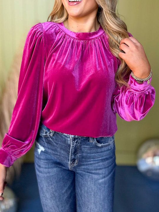 Damen Samtbluse mit Ballonärmeln und gerafftem Stehkragen EB