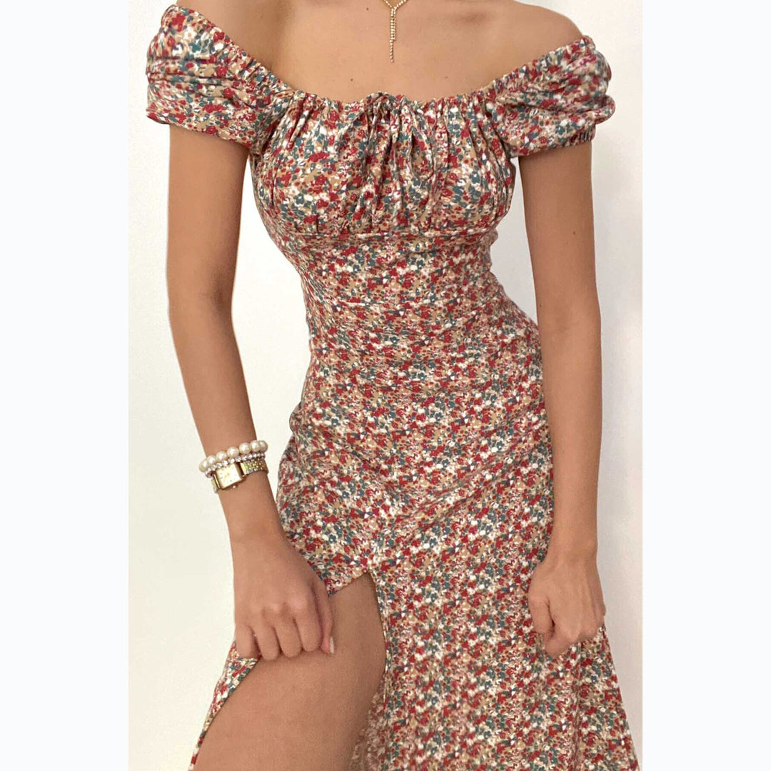Damen Off-Shoulder Maxikleid mit floralem Design und elegantem Schlitz EB