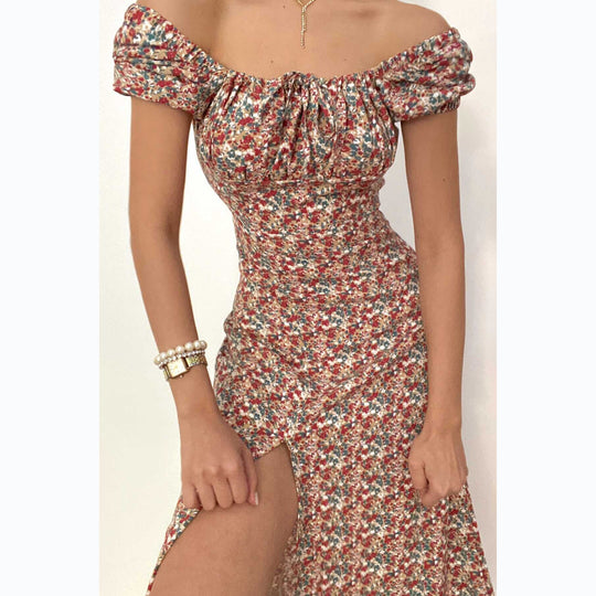 Damen Off-Shoulder Maxikleid mit floralem Design und elegantem Schlitz EB