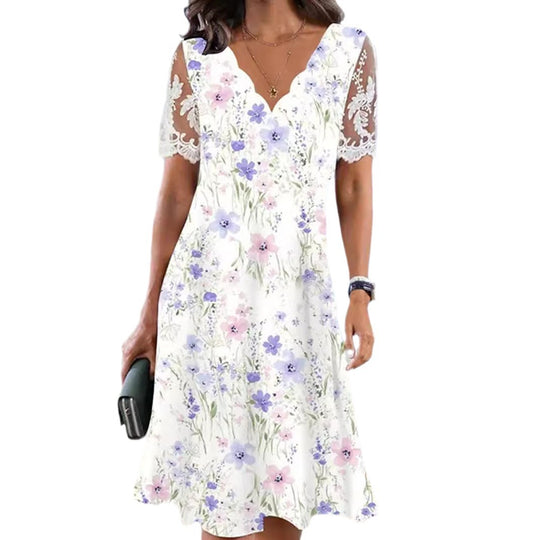 Damen Freizeitkleid mit romantischem Blumenmuster und Spitzendetails Heidi-Mode