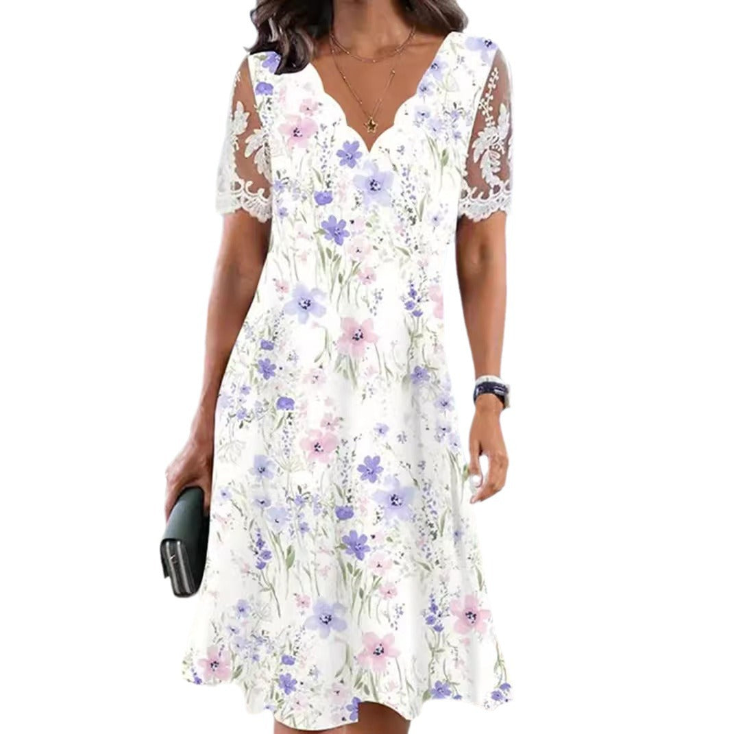 Damen nan A-Linien-Midikleid mit wellenförmigem V-Ausschnitt, ganzflächigem Blumenmuster und transparenten Spitzenärmeln EB
