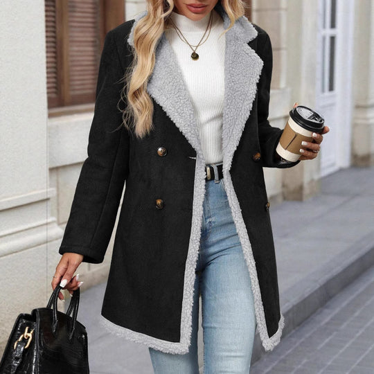Damen Modische Oversized-Jacke mit Teddyfutter und doppelter Knopfleiste EB