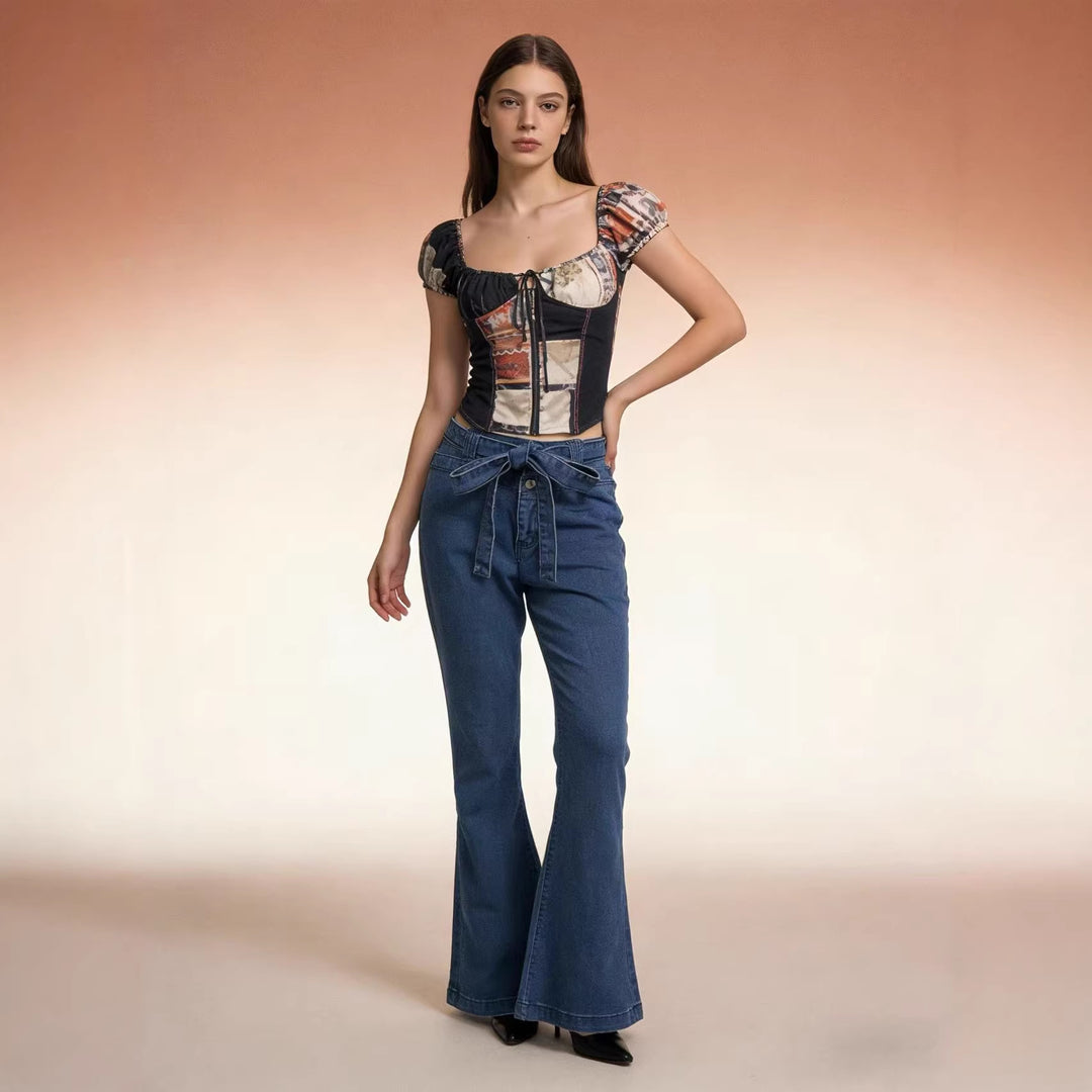 Damen nan High‑Waist Denimhose mit Schleifenbund, hoher Taille und weitem Schlag EB