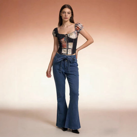 Damen nan High‑Waist Denimhose mit Schleifenbund, hoher Taille und weitem Schlag EB