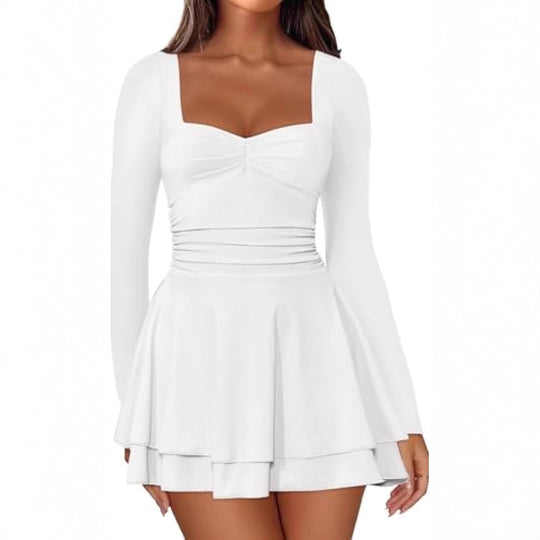 Damen Langarm-Minikleid mit quadratischem Ausschnitt, taillierter Raffung und zweilagigem Volantrock EB