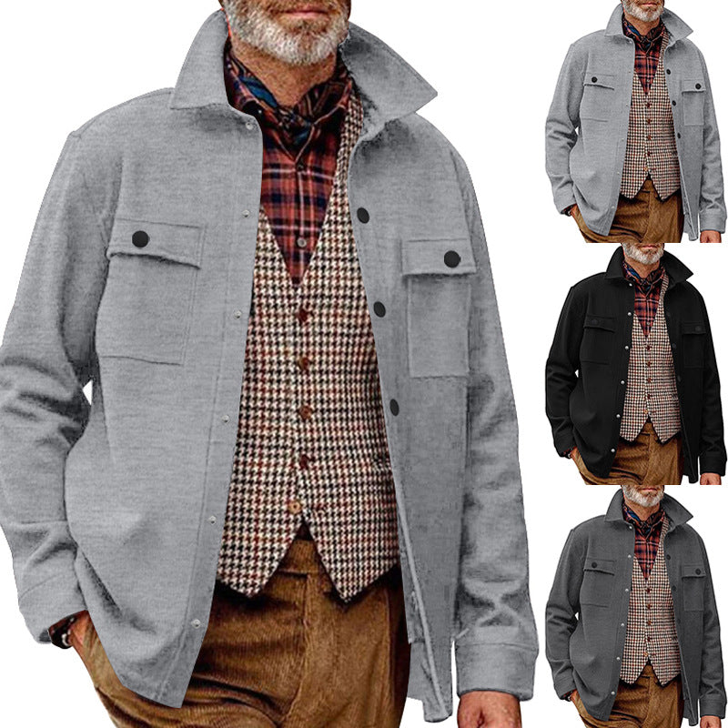 Herren Fleece-Hemdjacke mit zwei Brusttaschen und modischem Stehkragen EB