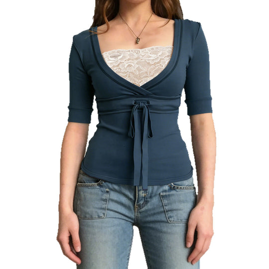 Damen Wickeloberteil mit Spitzenbesatz und Taillenband EB