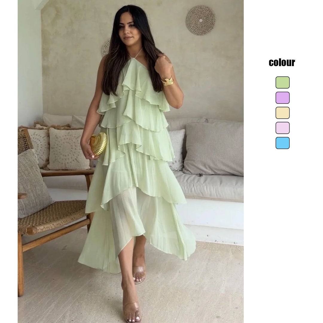 Damen Rüschen-Maxikleid mit asymmetrischem Design und elegantem Halteroberteil R&B