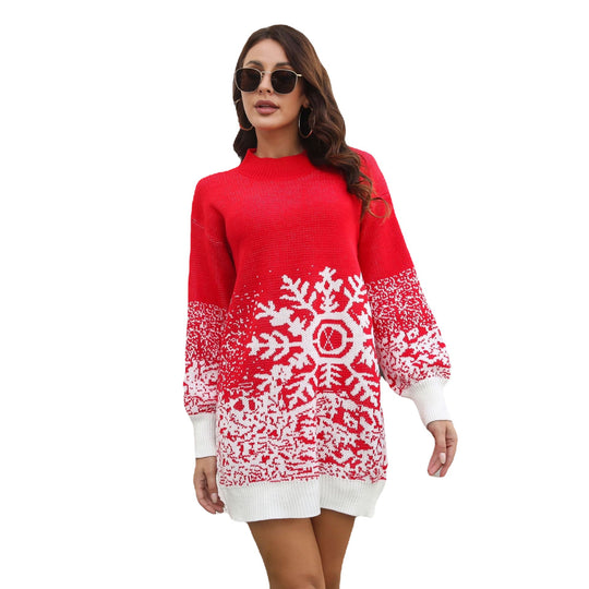 Damen Weihnachtsstrickkleid mit festlichem Schneeflocken-Muster EB