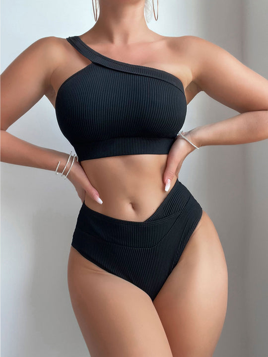 Damen Einseitig geschnittener Bikini-Top und hochtaillierte Bikinihose EB