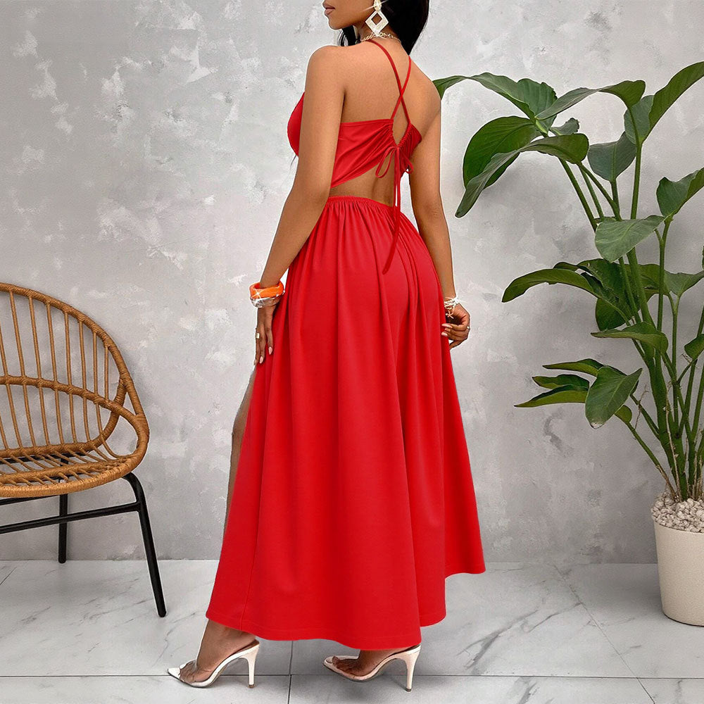 Damen Maxikleid mit tiefem V-Ausschnitt und seitlichem Schlitz EB
