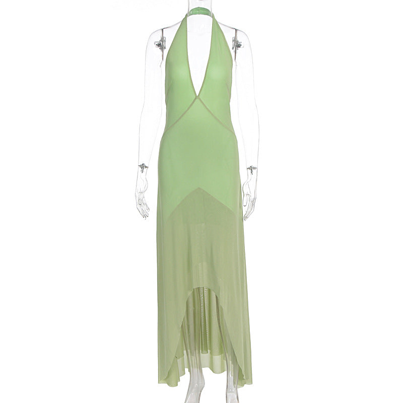 Damen elegantes Maxikleid mit tiefem V-Ausschnitt und transparentem Überwurf EB