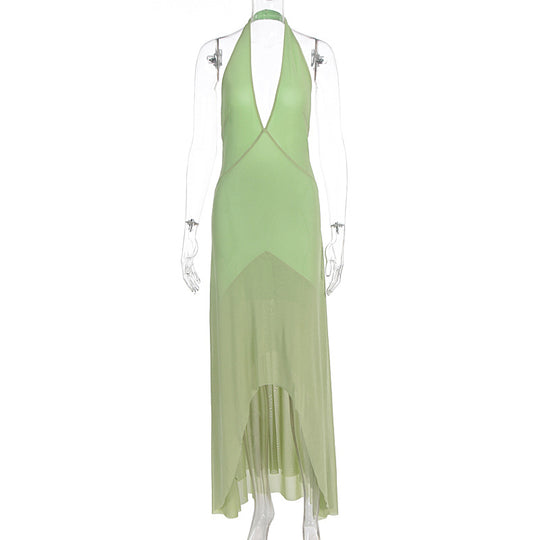 Damen elegantes Maxikleid mit tiefem V-Ausschnitt und transparentem Überwurf EB