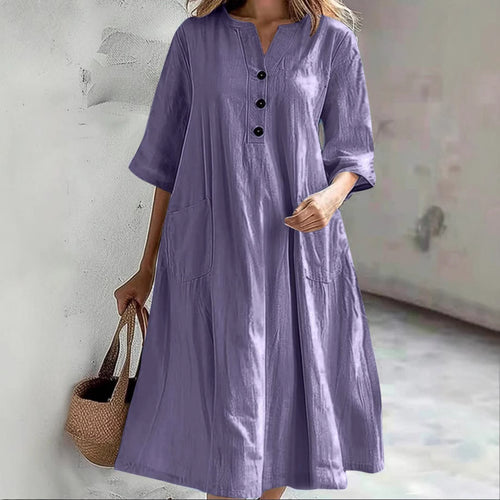 Damen lässiges Baumwollkleid mit Knopfleiste und praktischen Taschen EB