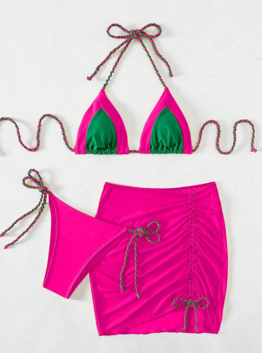 Damen Triangel-Bikini mit Wickelrock und Bänder EB