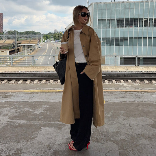 Damen Modischer Oversized-Trenchcoat mit breitem Kragen und Knopfleiste EB