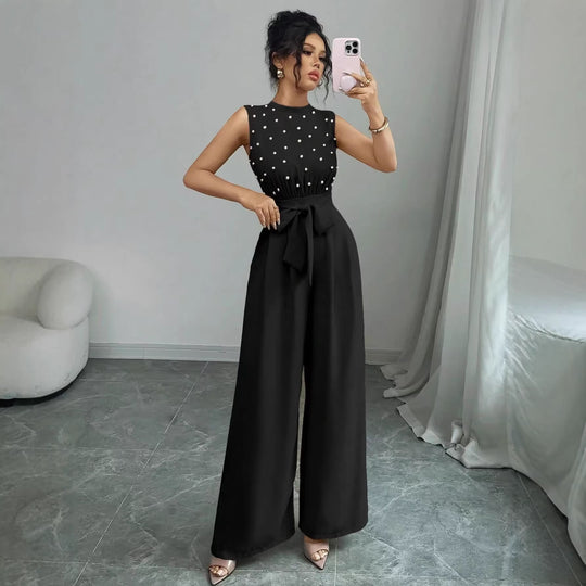 Damen Eleganter Jumpsuit mit Perlenbesatz, Stehkragen und weitem Palazzo-Bein EB