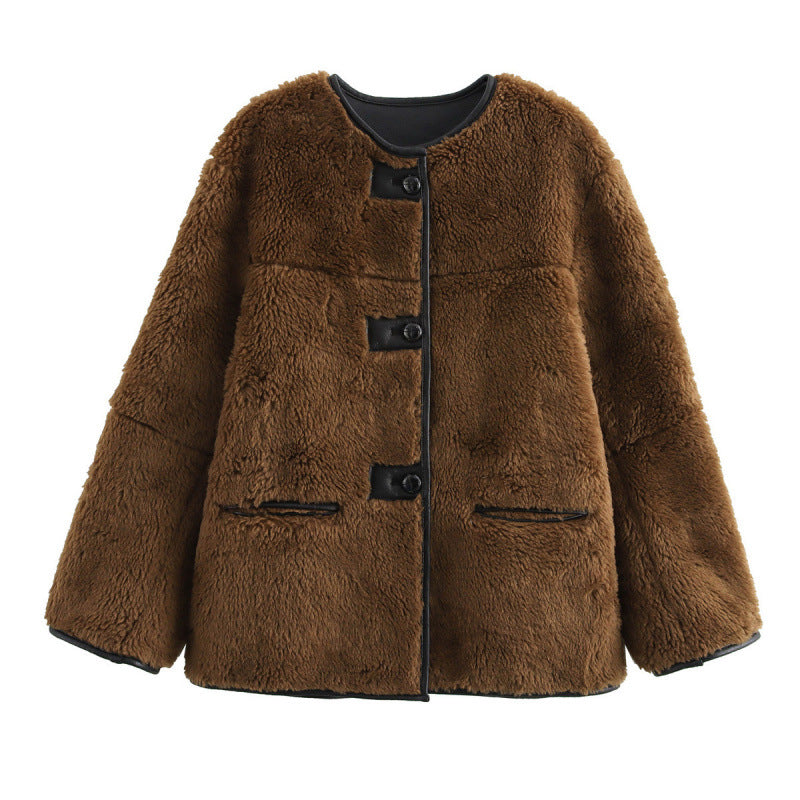 Damen Teddyjacke mit kontrastierenden Taschen und Knopfdetails EB
