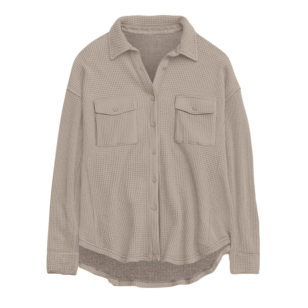 Damen nan oversized Waffelstrick Hemdjacke mit Brusttaschen und Knopfleiste EB