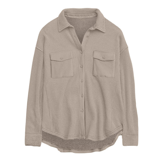Damen nan oversized Waffelstrick Hemdjacke mit Brusttaschen und Knopfleiste EB