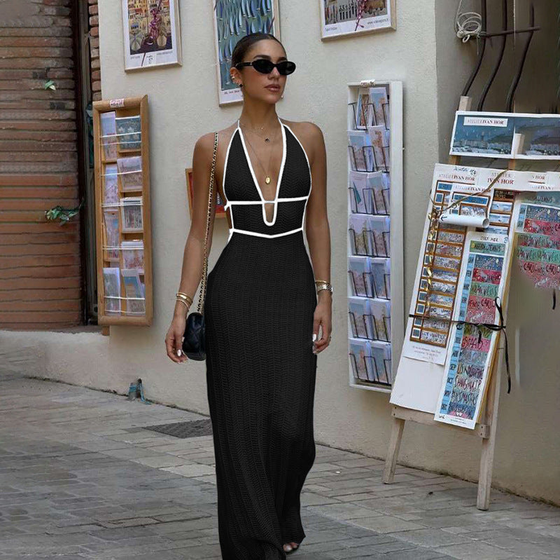 Damen Strick Maxikleid mit tiefem V-Ausschnitt und Bindebändern EB