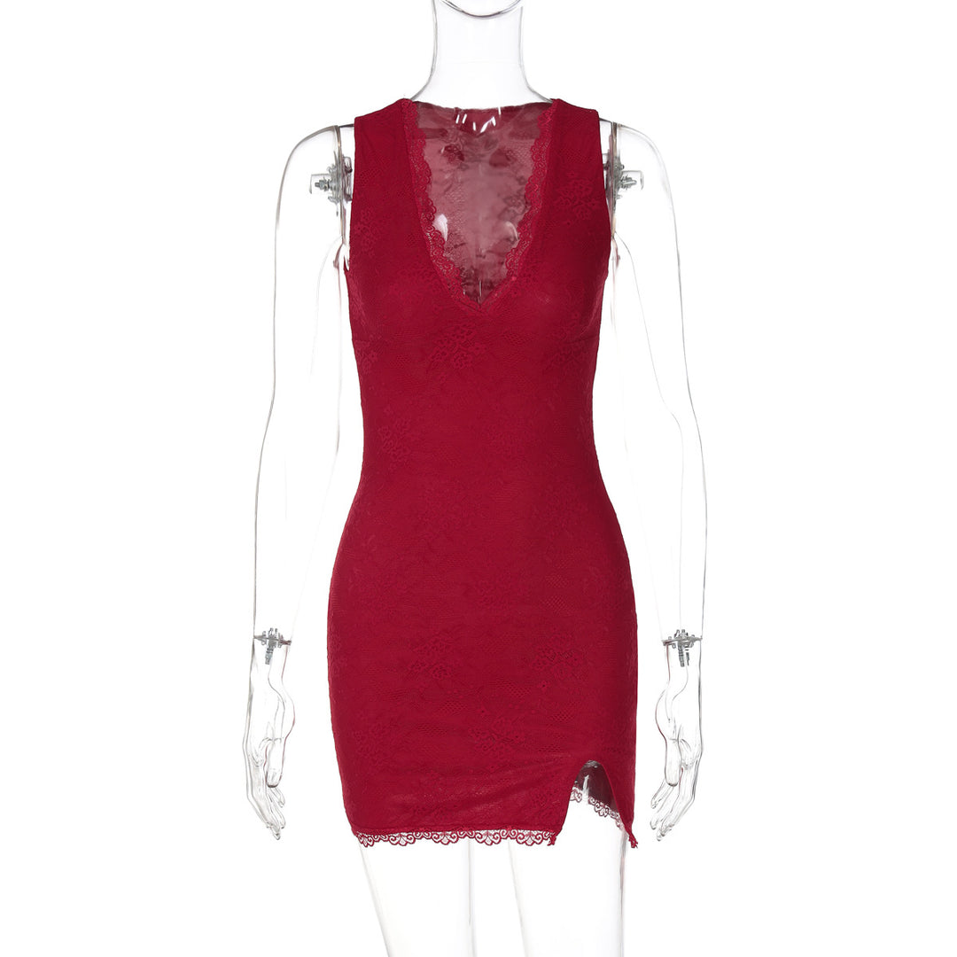 Damen Spitzenkleid mit tiefem V-Ausschnitt und seitlichem Schlitz EB