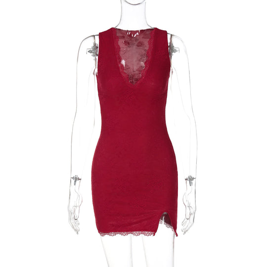 Damen Spitzenkleid mit tiefem V-Ausschnitt und seitlichem Schlitz EB