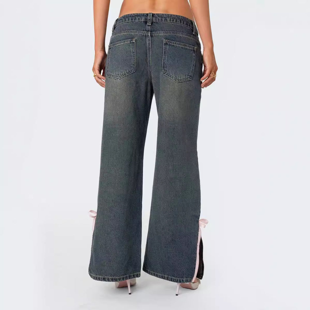 Damen Hohe Taillen Denim-Hose mit modischen Schleifendetails EB