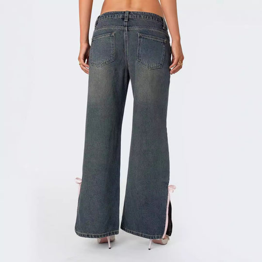 Damen Hohe Taillen Denim-Hose mit modischen Schleifendetails EB