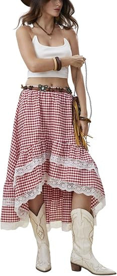 Damen Boho Maxi-Rock mit asymmetrischem Saum und Spitzenverzierungen EB