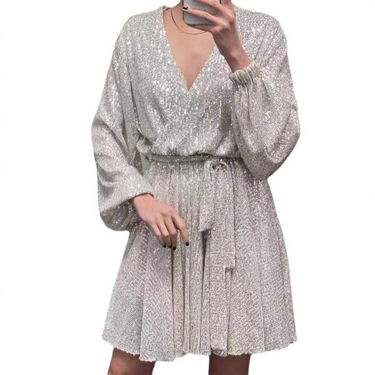 Damen Glitzerndes Mini-Kleid mit V-Ausschnitt und eleganten Puffärmeln EB