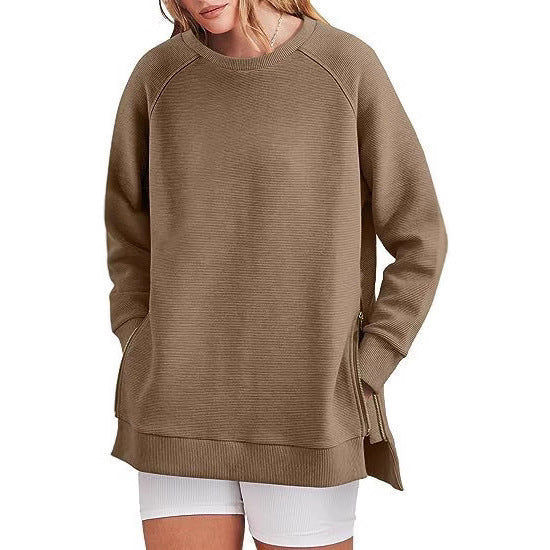 Damen lässiger Sweatshirt mit Seitentaschen und Reißverschluss EB