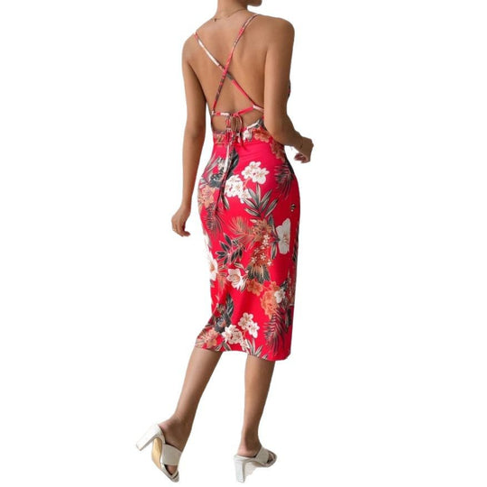 Damen Midi-Kleid mit floralem Design und verstellbarem Rückenschnürung EB
