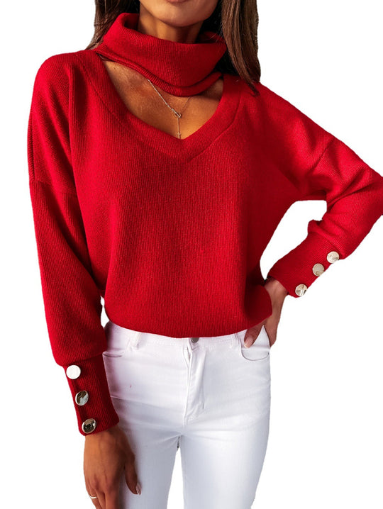 Damen Glamouröser Strickpullover mit angeschnittenem Rollkragen und schicken Knopfdetails EB