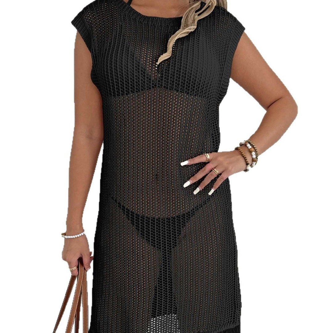 Damen luftiger Netzstrandkleid mit Fransen EB
