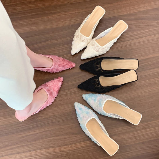 Damen Elegante Mules mit floralem Rosen-Design und modischem Absatz EB
