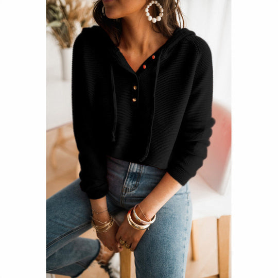EB | Damen Lockere Passform Stricktextur Knopfdetails Verstellbare Kapuze