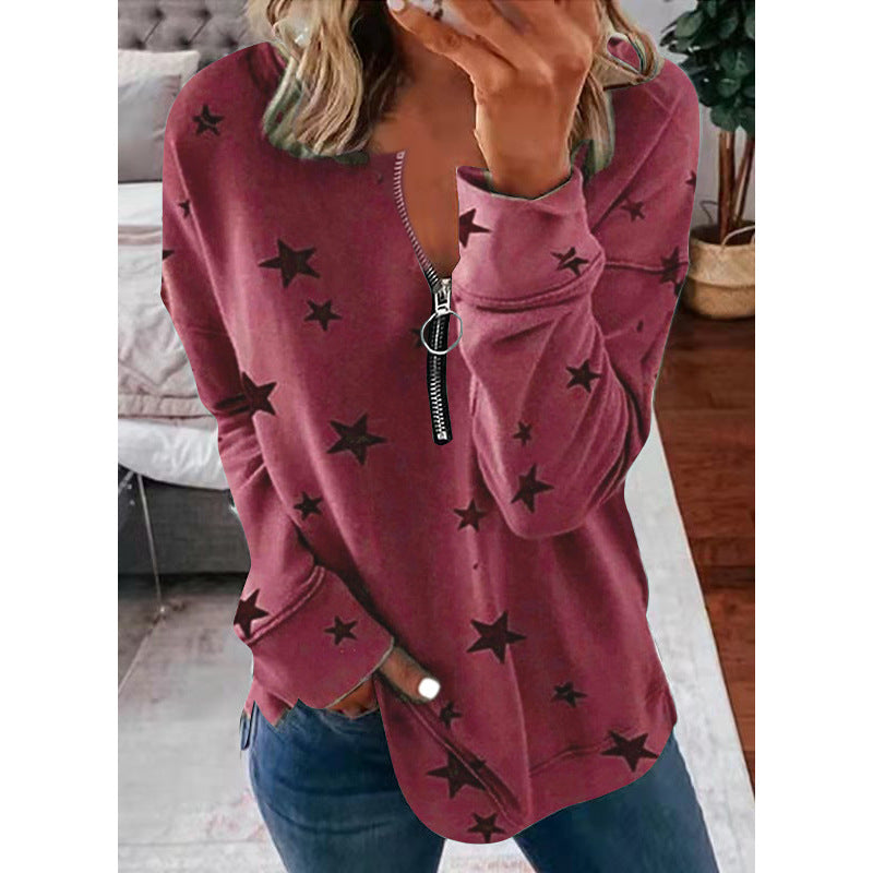 Damen Lässiger Sweatshirt mit Reißverschluss und Sternenmotiv EB