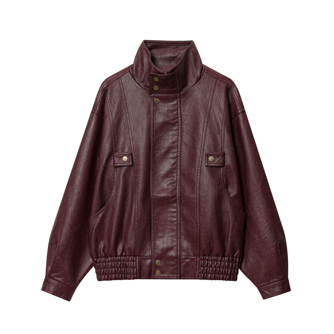 Damen Kunstlederjacke mit hohem Kragen und praktischen Taschen EB