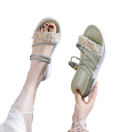 Damen modische Riemchen-Sandalen mit Perlenschmuck und gepolsterter Sohle EB