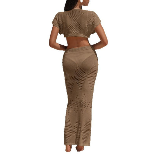 Damen gehäkeltes Zweiteiler-Set mit Crop-Top und Maxiröcken EB
