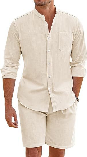 Herren nan Leinenoptik-Zweiteiler mit Stehkragen-Hemd, Brusttasche und legeren Shorts EB