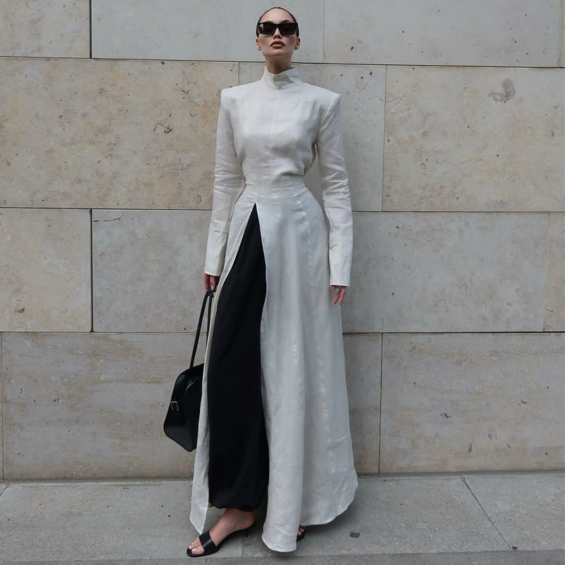 Damen elegantes Maxikleid mit hochgeschlossenem Kragen und asymmetrischem Farbdesign EB