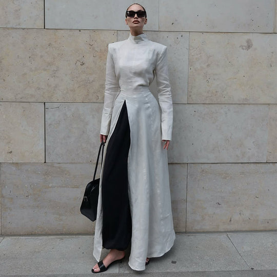 Damen elegantes Maxikleid mit hochgeschlossenem Kragen und asymmetrischem Farbdesign EB