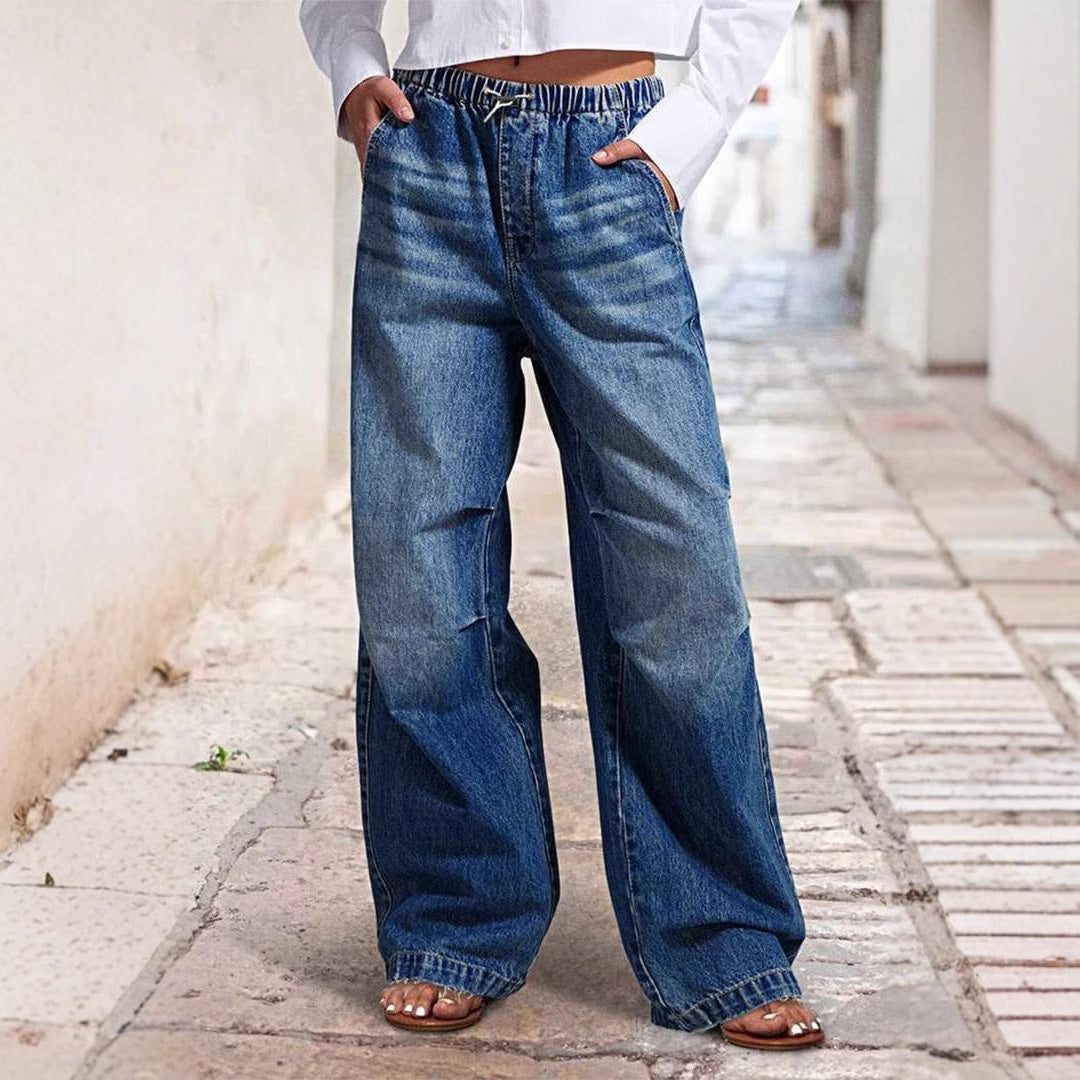 Damen weite Denim-Hose mit elastischem Bund und lässigem Design EB